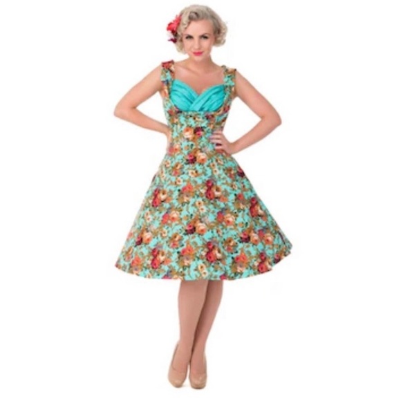 NWT Lindy Bop Ophelia Green Turquoise Garden Floral Party Swing Dress Sz Medium - Picture 4 of 17
